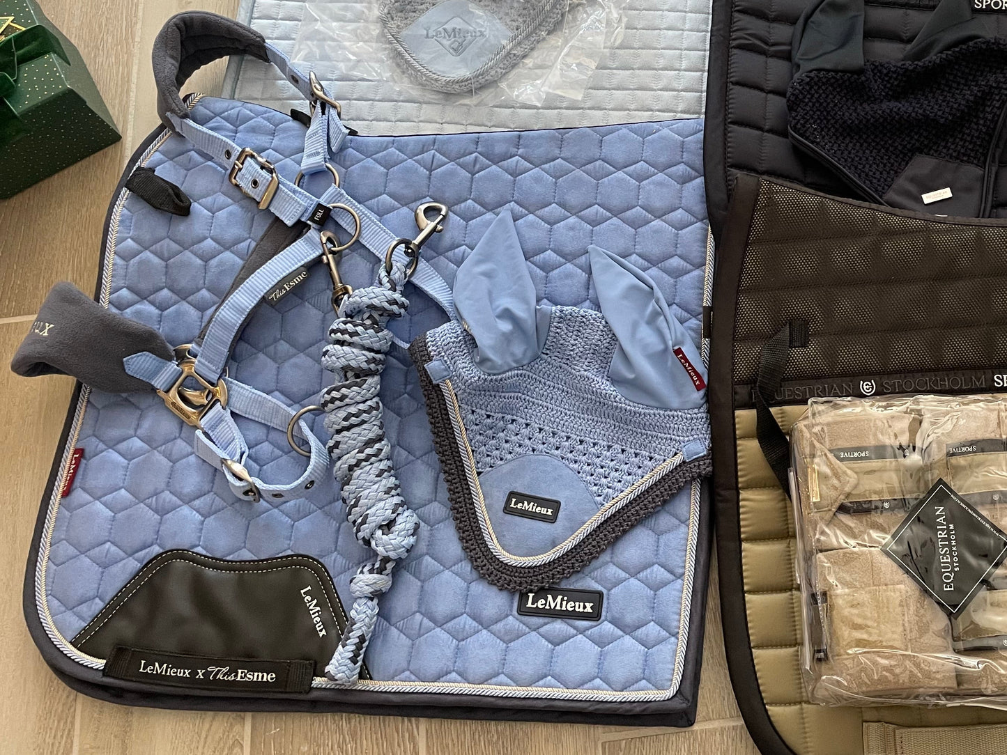 Lemieux x This Esme Corn Blue Dressage Pad, Fly Veil, and Halter