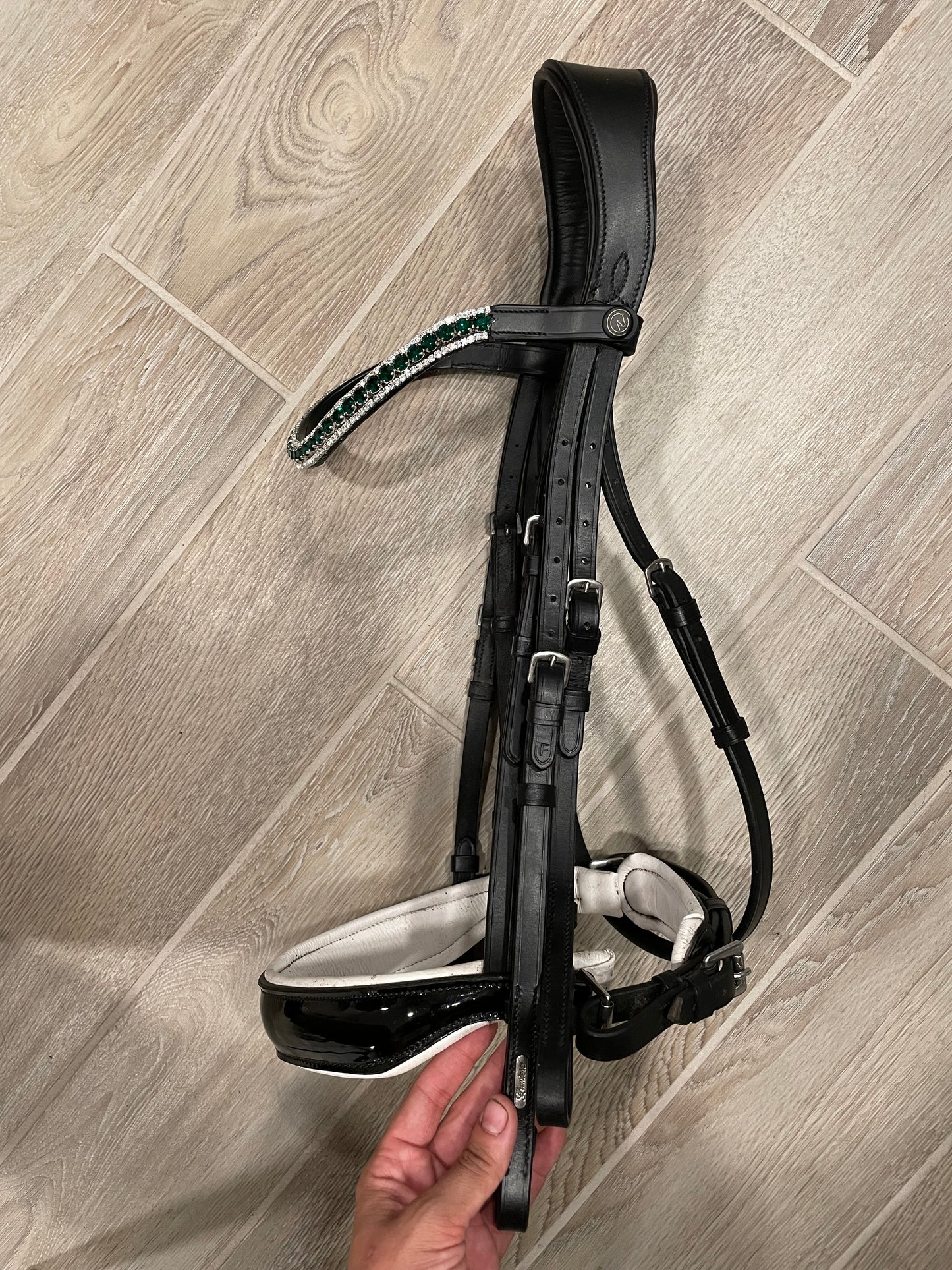 Lumiere Black White Patent Double Bridle - Adeline - with two sets of reins