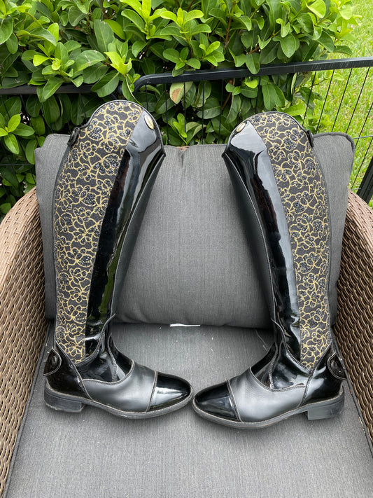 Pioneer Patent Black and Gold Boots - 37 Foot - 34 Calf - 42 Height