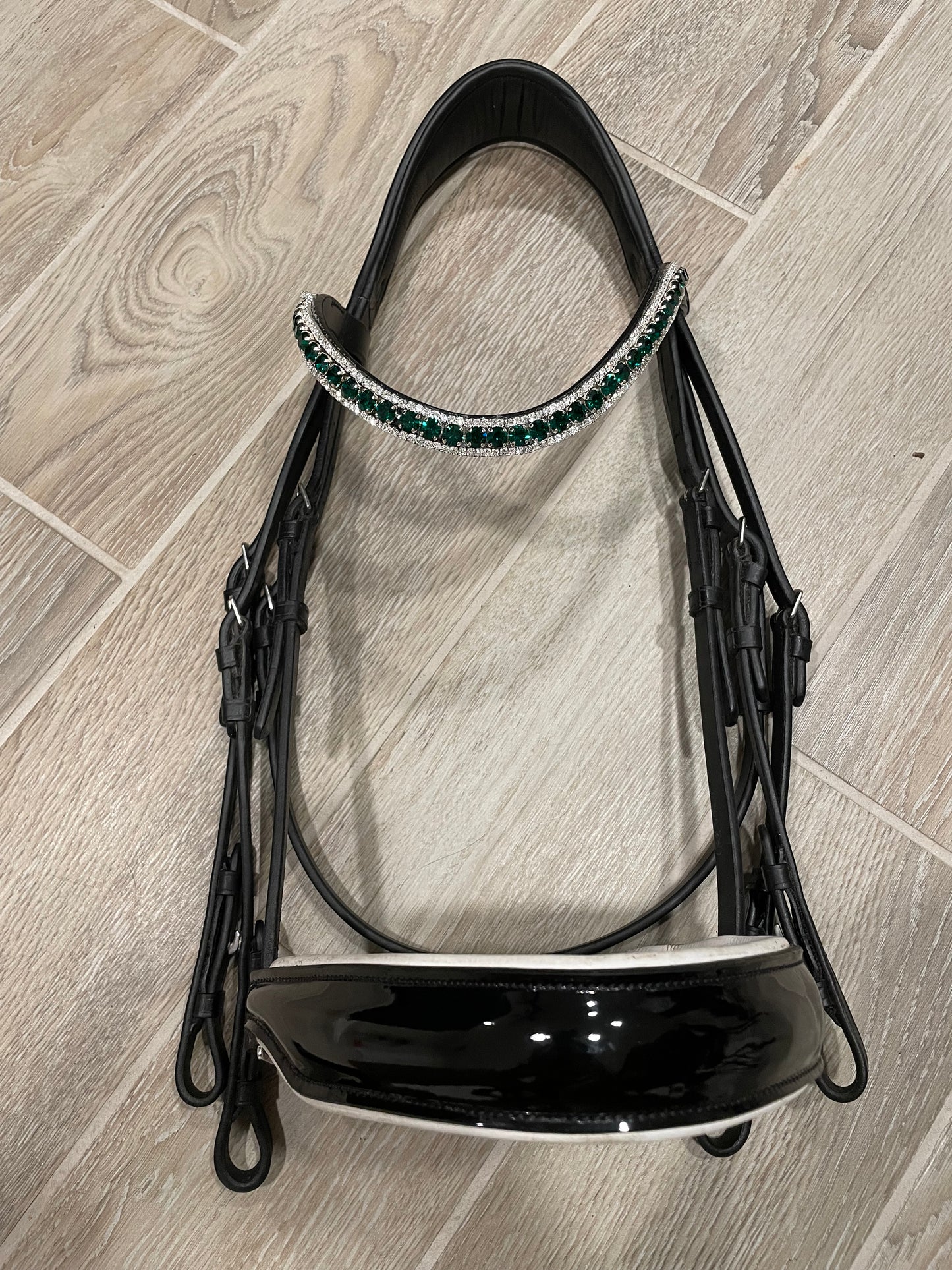 Lumiere Black White Patent Double Bridle - Adeline - with two sets of reins