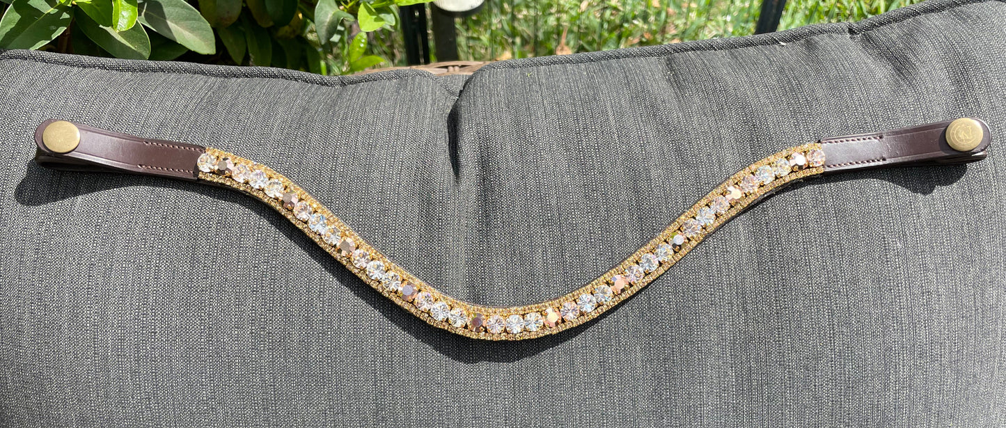 Alternating Topaz/Champagne and Gold 3 Row Preciosa Browband