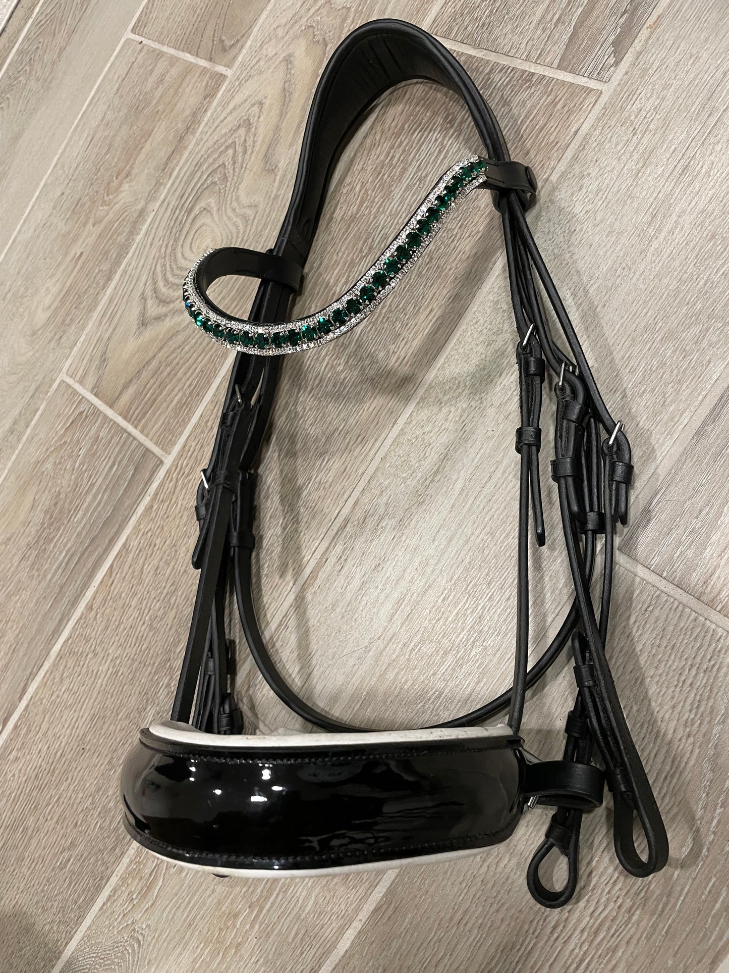 Lumiere Black White Patent Double Bridle - Adeline - with two sets of reins