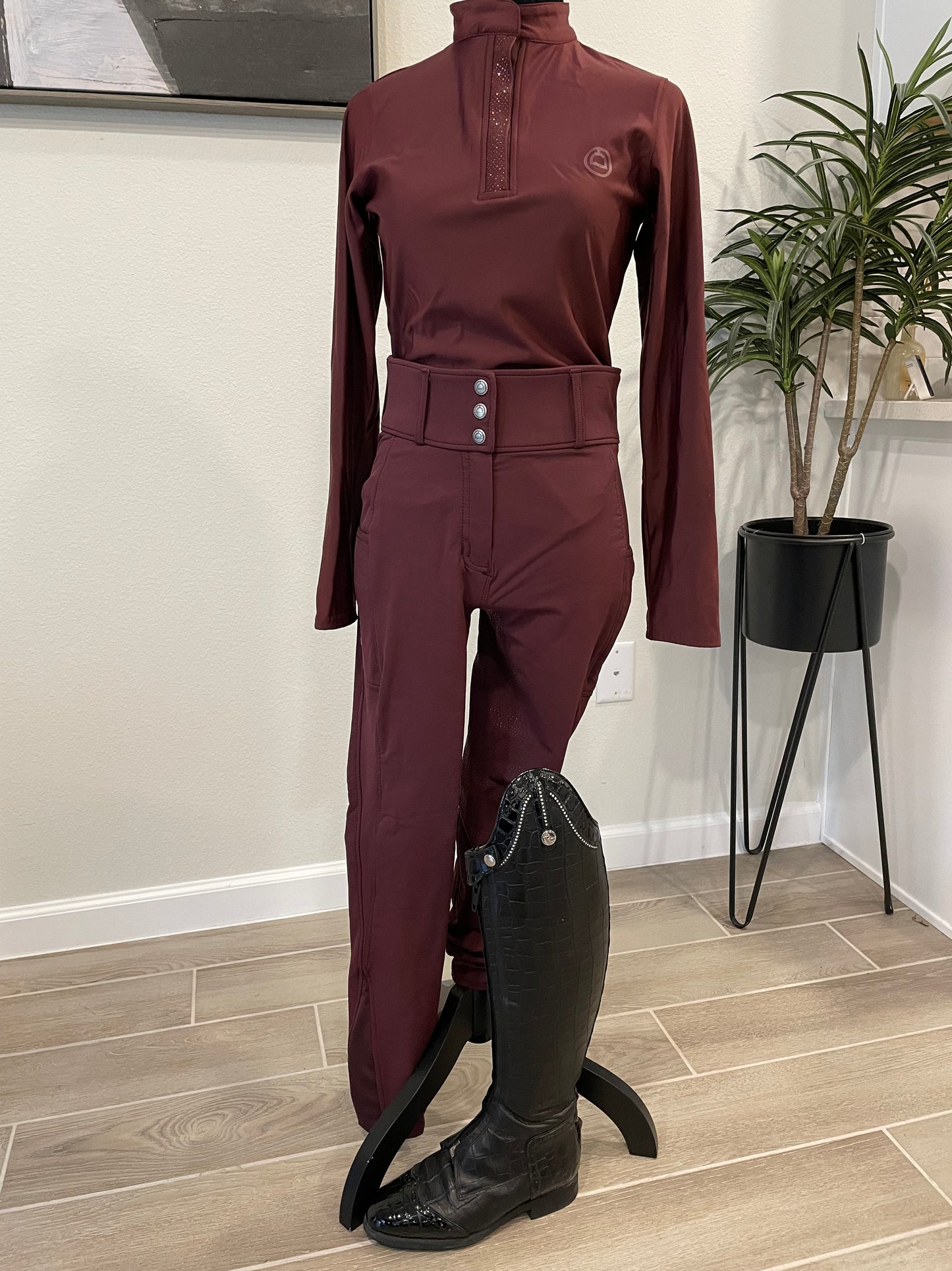 Montar Briella Crystal Placket Long Sleeve Polo and Breeches Set - Plum