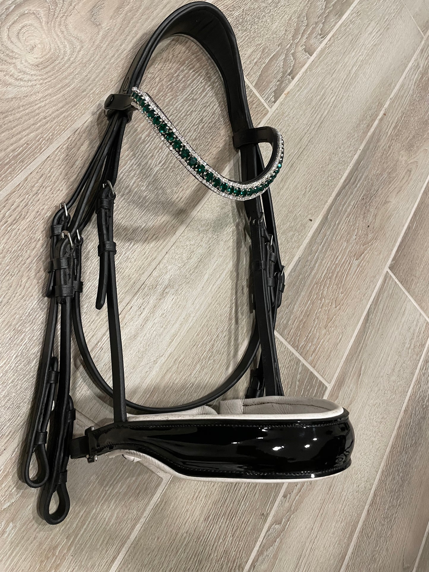 Lumiere Black White Patent Double Bridle - Adeline - with two sets of reins